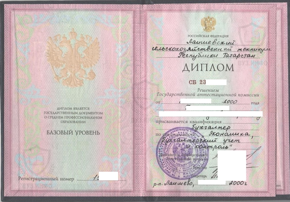 Диплом Лапшевского сельскохозяйственного техникума Бухгалтер (2000 г.)